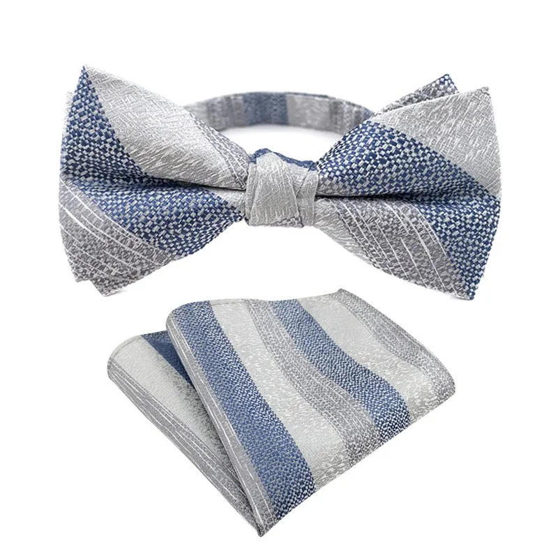 Men's Fashion Bowtie Hanky Set Groom Gentleman Striped Cravat Pocket Towel Handkerchief Wedding Party Biwtie For Men