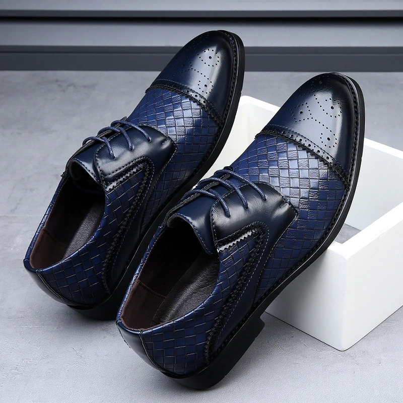 

Mens Navy Blue Woven Pattern Cap Toe Oxford Shoes Lace Up Formal Dress Shoes For Business Office And Wedding Occasions Leisure