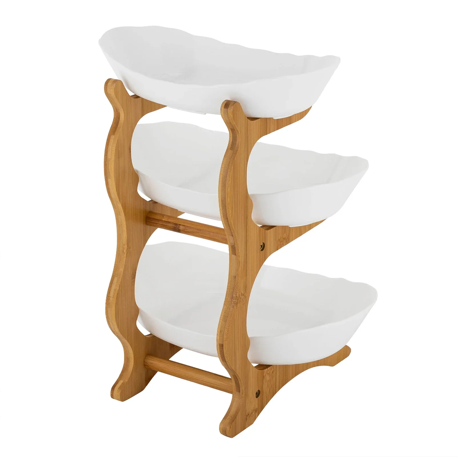 3 Tiered Ceramic Fruit Bowl Detachable Design Space Optimization Fruit Bowl with Bamboo Wood Stand for Fruits, Candies, Food