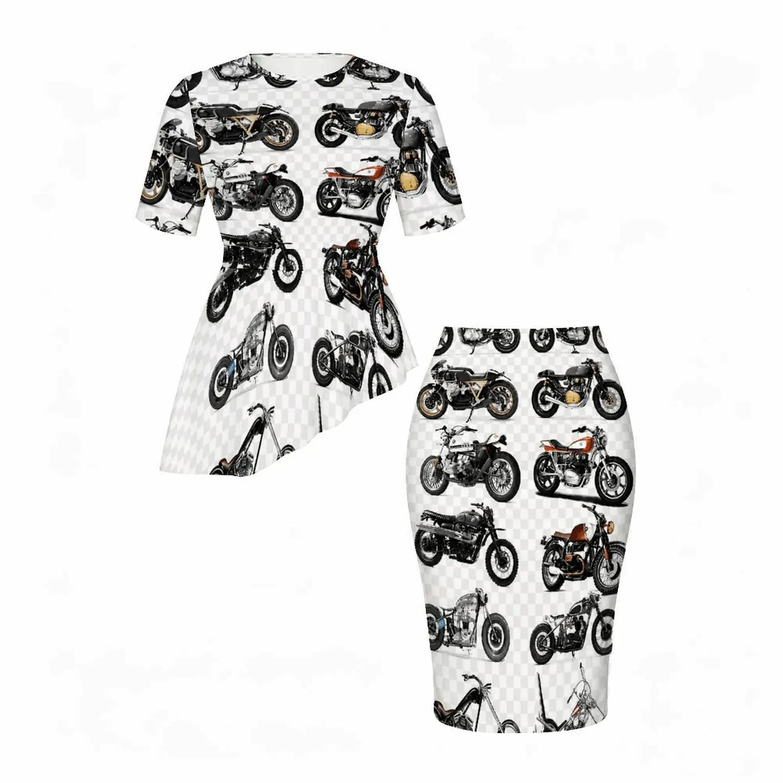 Women Cartoon Big Dozer Zebra Printed Round Neck Short Sleeve Asymmetric Top and Fitted Skirt Two Piece Set