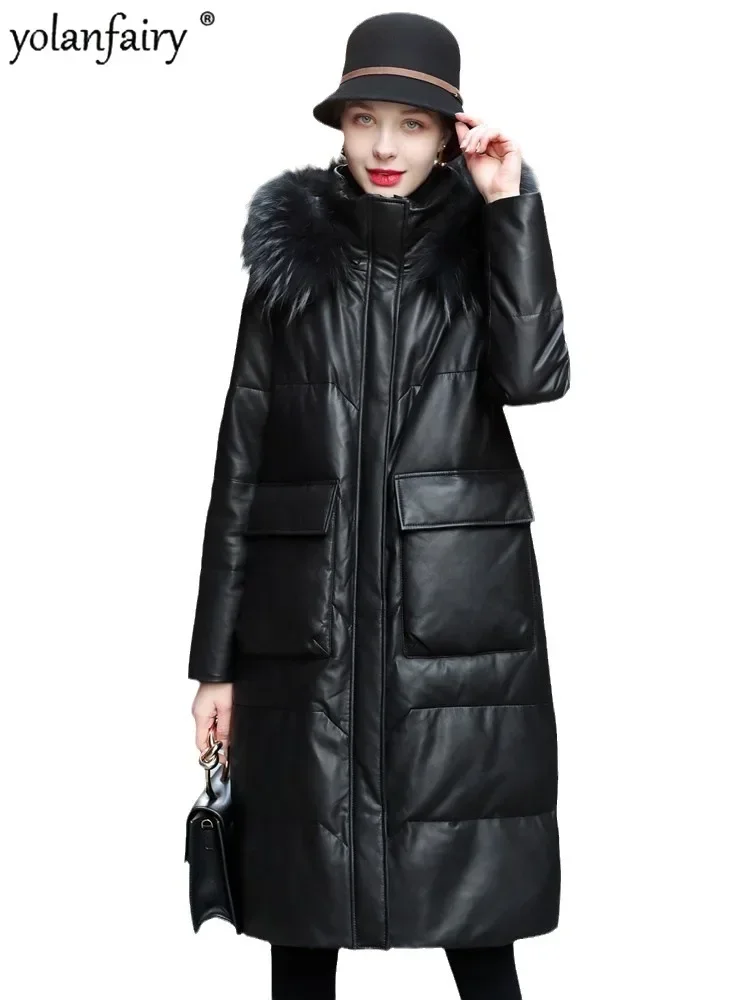 Winter Long Coat Women's Genuine Leather Down Jacket for Women Sheepskin Coats Female New Outwear Loose Versatile Fur Collar FCY