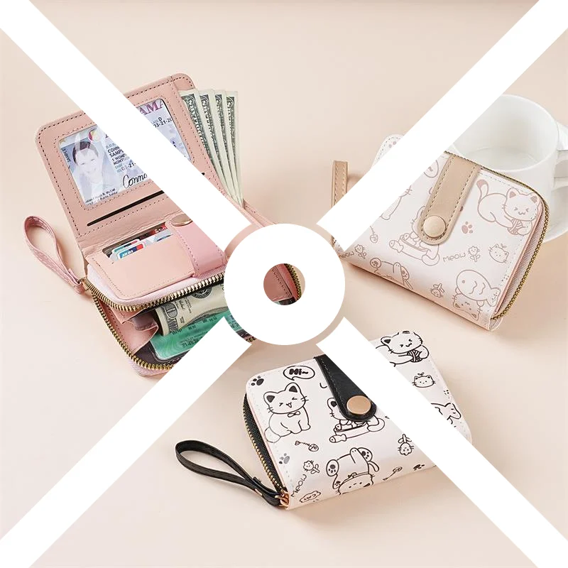 Japonês bonito gato meninas carteira curto estudante id titular do cartão de banco saco de dinheiro carteiras com zíper para mulheres bolsa de armazenamento de chave bolsa de moedas