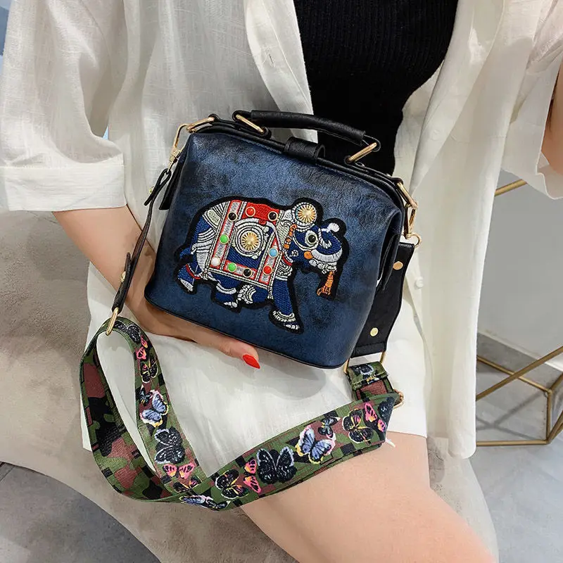 Vintage Embroidery Elephant Bags New Tote Bag Wide Butterfly Strap PU Leather Women Shoulder Crossbody Bags Women Handbags Purse