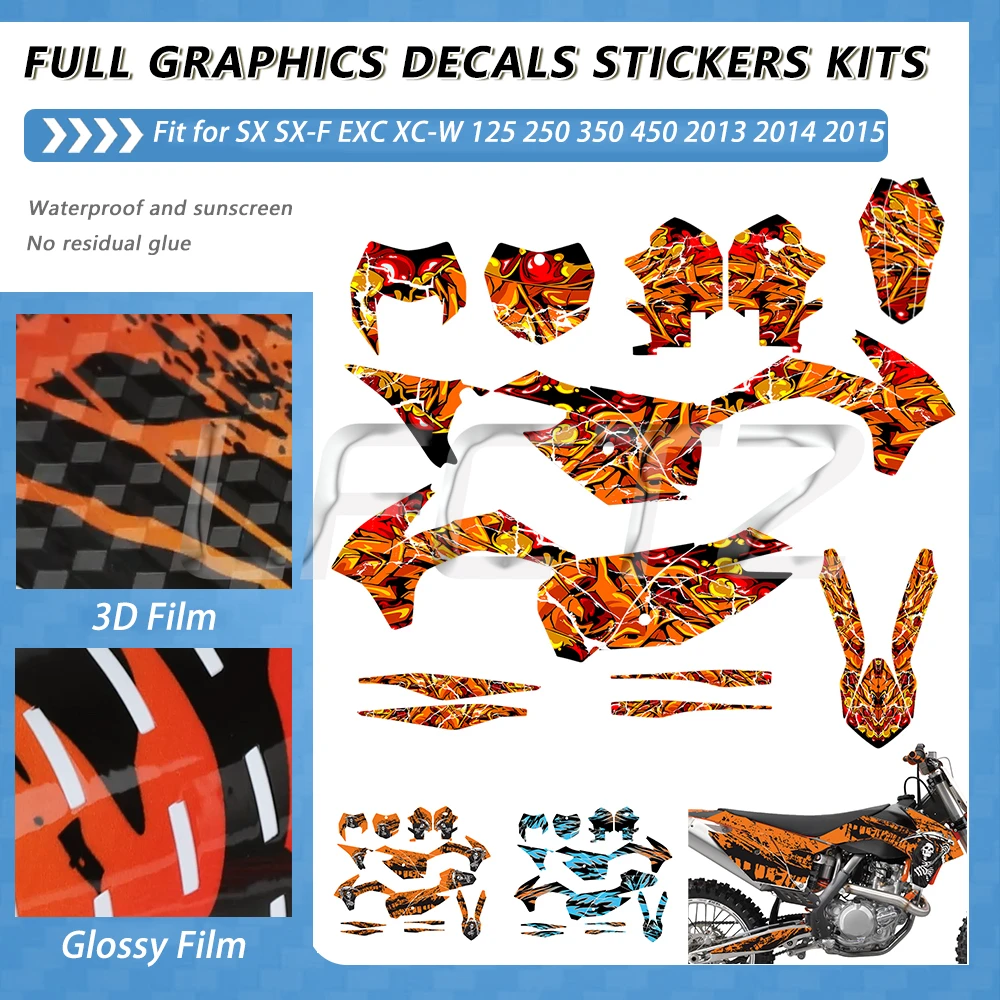 Full Set of Motocross Background Graphic Decals Sticker Fit for SX SX-F EXC XC-W 125 250 350 450 2013 2014 2015 Custom Number