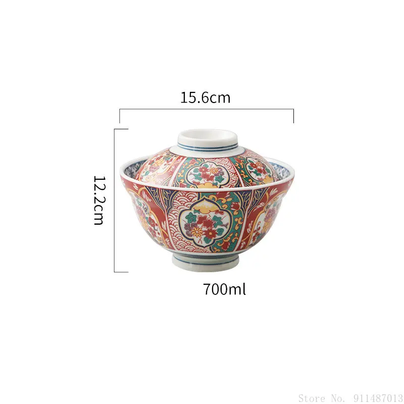 Japanese 6-inch Ceramic Rice Ramen Bowl Instant Noodle Bowl with Lid Ancient Imari Style Kitchen Supplies Palace Style Tableware