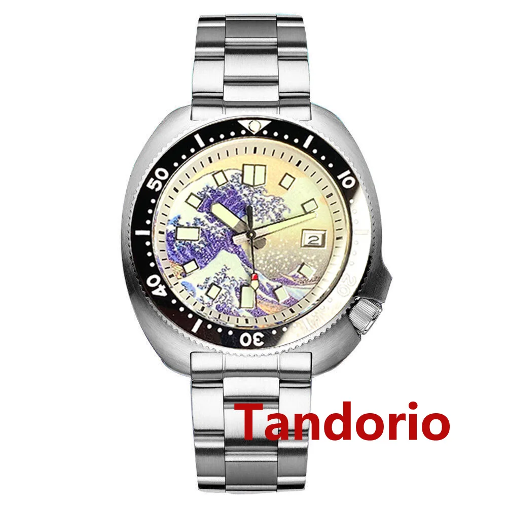 

Tandorio 44mm Sapphire Glass 20ATM Mother of pearl/Surfing Dial NH35A PT5000 Diver Automatic Men Watch Date Luminous Steel Strap