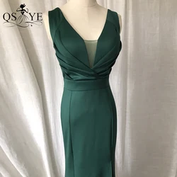 Ruched Bodice Green Bridesmaid Dresses Elastic Satin V neck Sleeveless Formal Evening Gown Full Mermaid Emerald Prom Party Dress