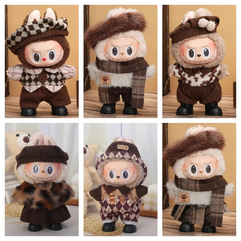 

Подходит для 17 см Labubuv1v2v3, осенне-зимний комплект мокко-коричневого цвета, аксессуары для кукол, праздничные подарки, осенне-зимний комплект