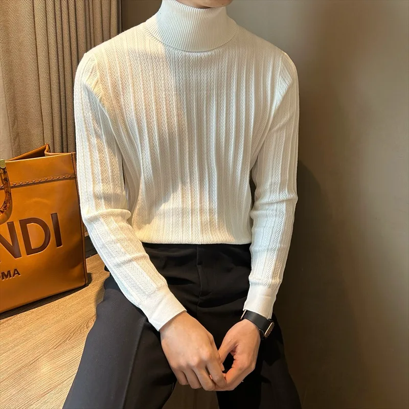 Solid Color Herringbone Turtleneck Sweater for Men Versatile Korean Style Casual Autumn and Winter Retro Knitted Sweater Top