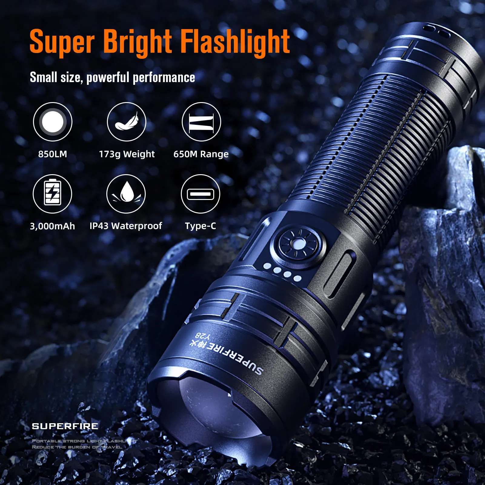 SUPERFIRE Y28 LED Torch 15W High Power Zoom Flashlight 650M Long Range USB-C Rechargeable Camping Fishing Portable Lantern