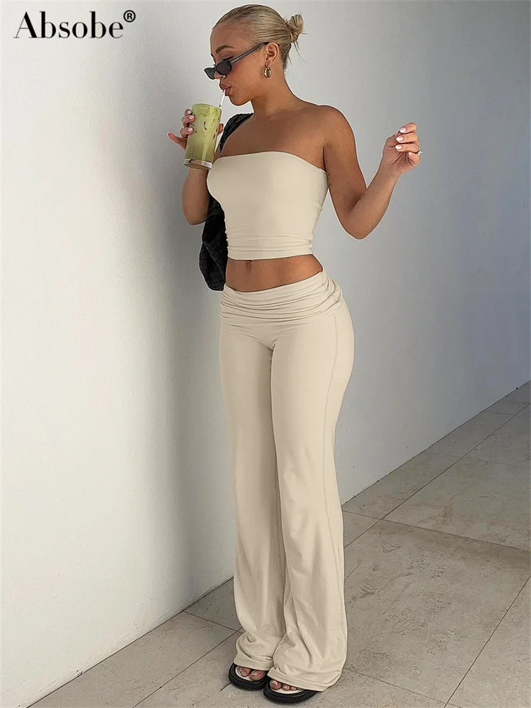 Absobe 2 Pieces Fold Over Flared Pants Women's Matching Sets Strapless Tube Top  Trousers Solid Color Slim Outfit Leisure Suit