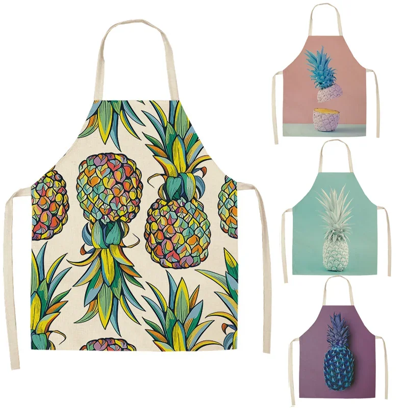 Delantales de limpieza sin mangas para adultos, delantal de algodón y lino con estampado de piña para Cocinar en casa, ropa de cocina, baberos, 1 piezas