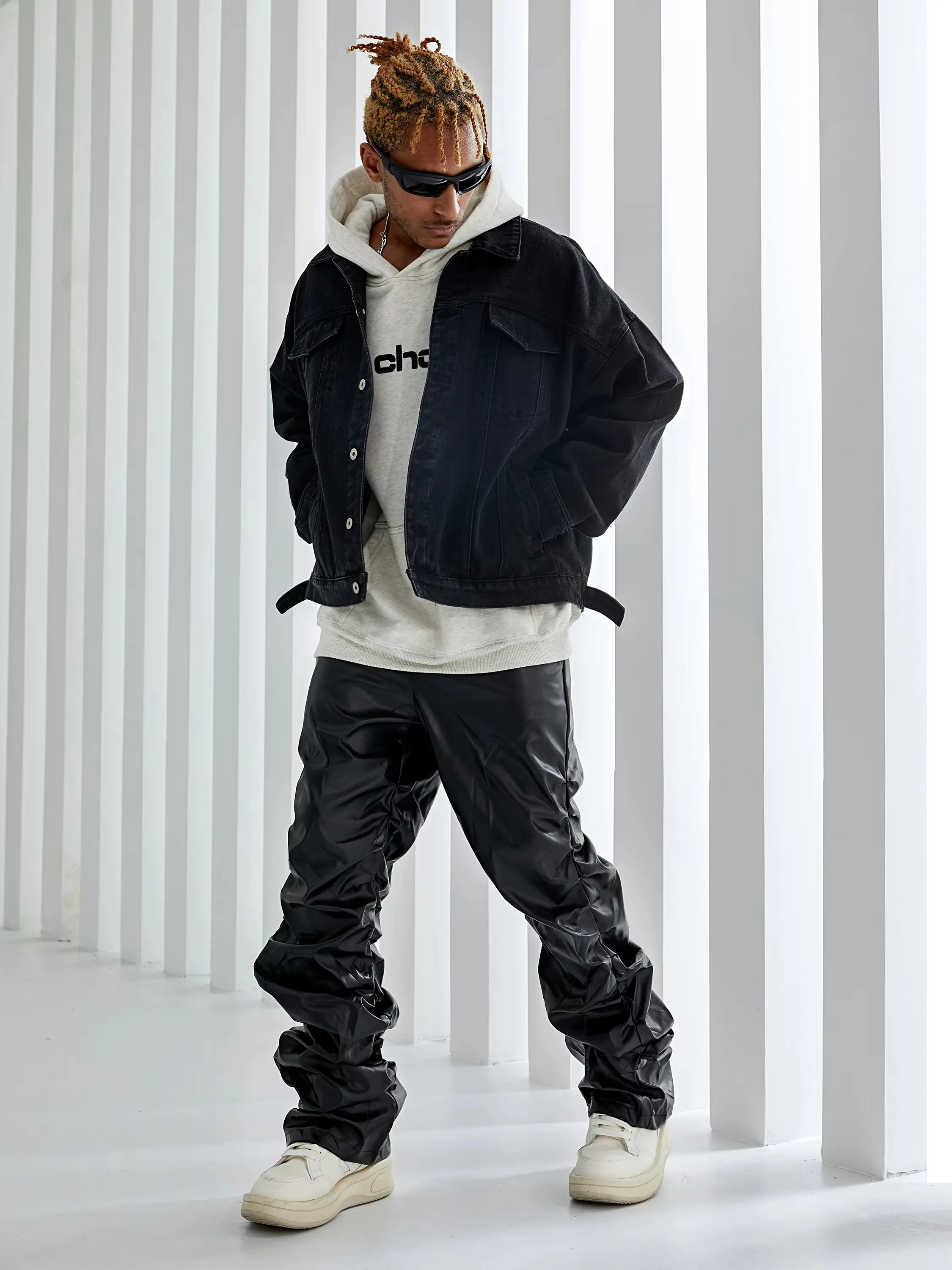

27-46 New 2025 Men Women Clothing Yamamoto Style Street Pleated Micro Horn PU Leather Pants Lovers Plus Size Costumes