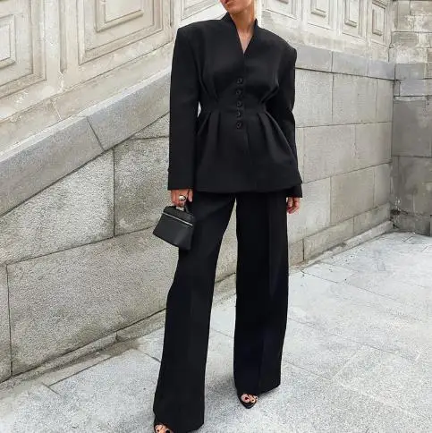 

Black high-end long sleeved V-neck pleated waist suit jacket two-piece long pants set 2025 autumn new women's suit set