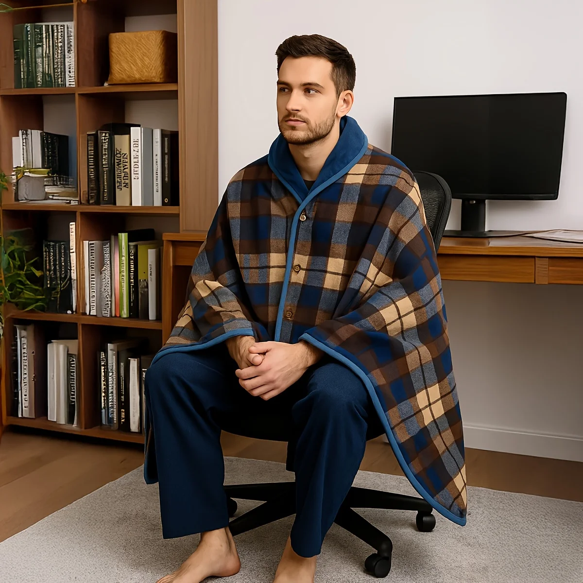 wearable warm cloak blanket with buckle design, sleeveless fuzzy plaid shawl