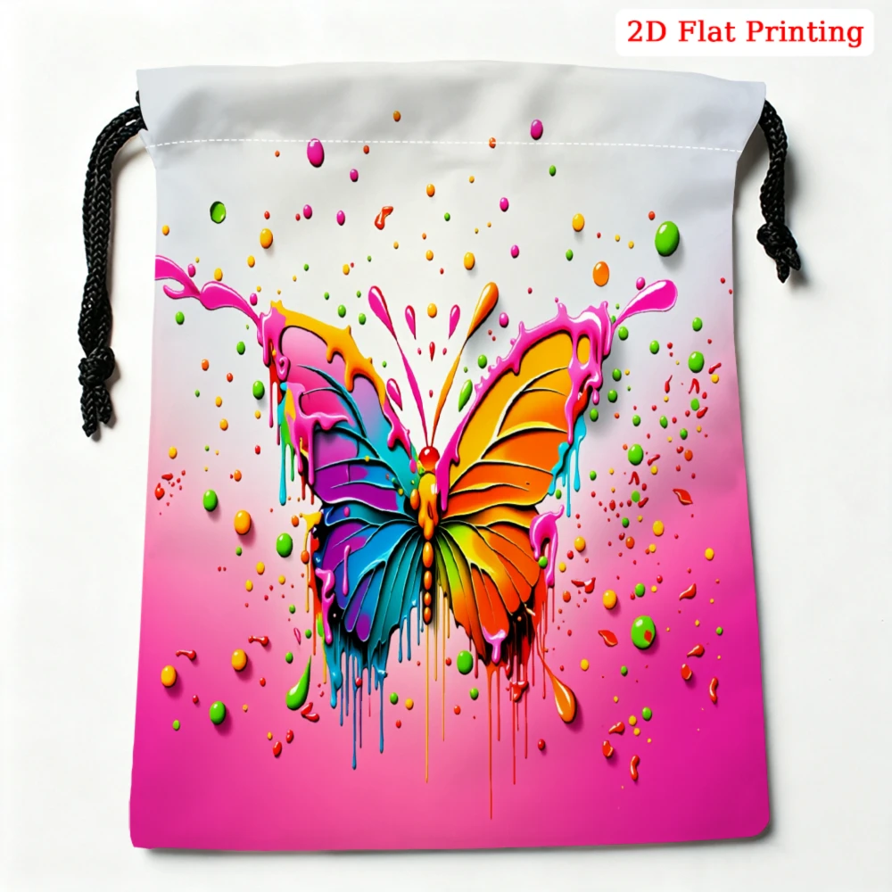 1pc Fashion Drawstring Bag Pink Colorful Butterfly Print Storage Small Pouch For Travel Cosmetics Glasses Organizer Portable Gif