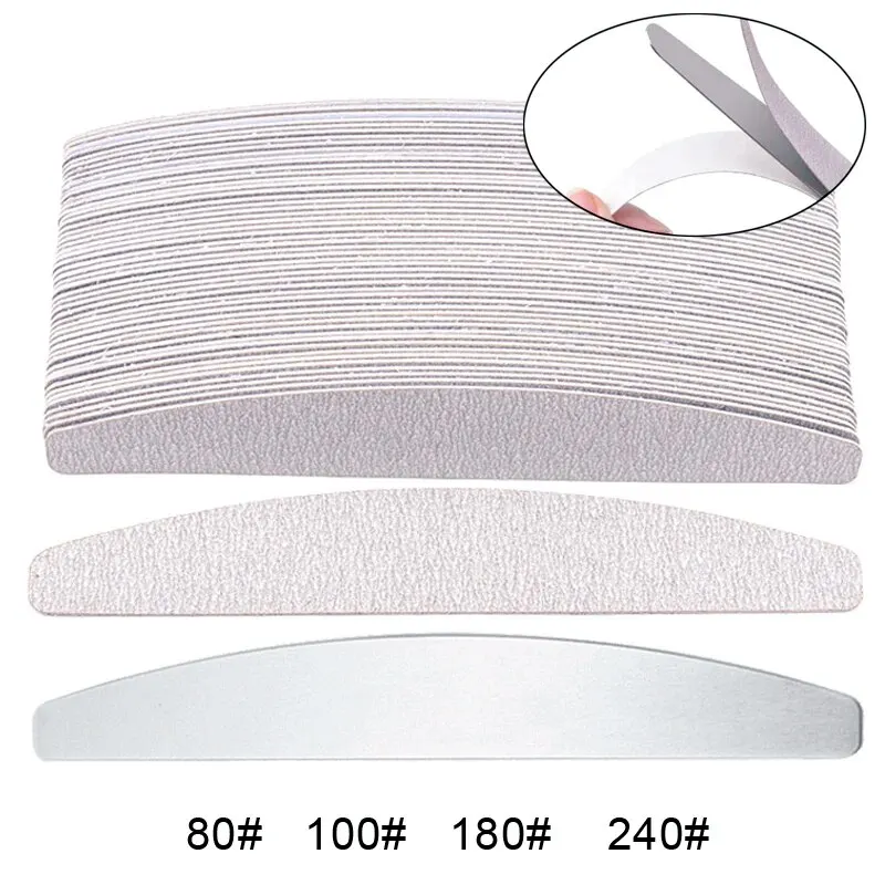 100 Pcs/Lot Replacement Nail Files 80/100/180/240 Grit Half Moon Grey Sandpaper Pads With Metal Handle Removable Durable Files