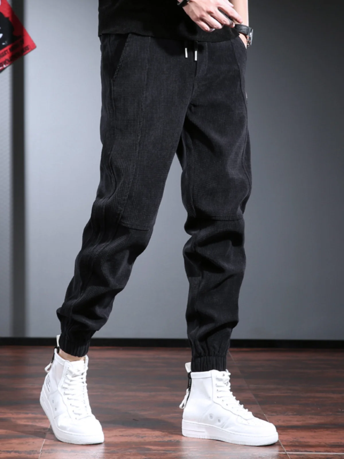 

Men's Pure Cotton Trousers Spring Loose Fit Retro Wear Resistant Casual Pants Elastic Waist Wide Leg Sle Youth Trendy Bla