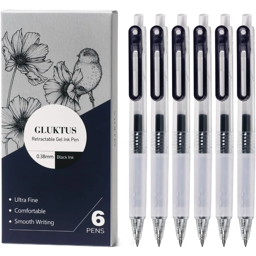 

Black Gel Pens 6 Pack Ultra Fine Point 0.38mm No Bleed Pens for Jourling Note Taking