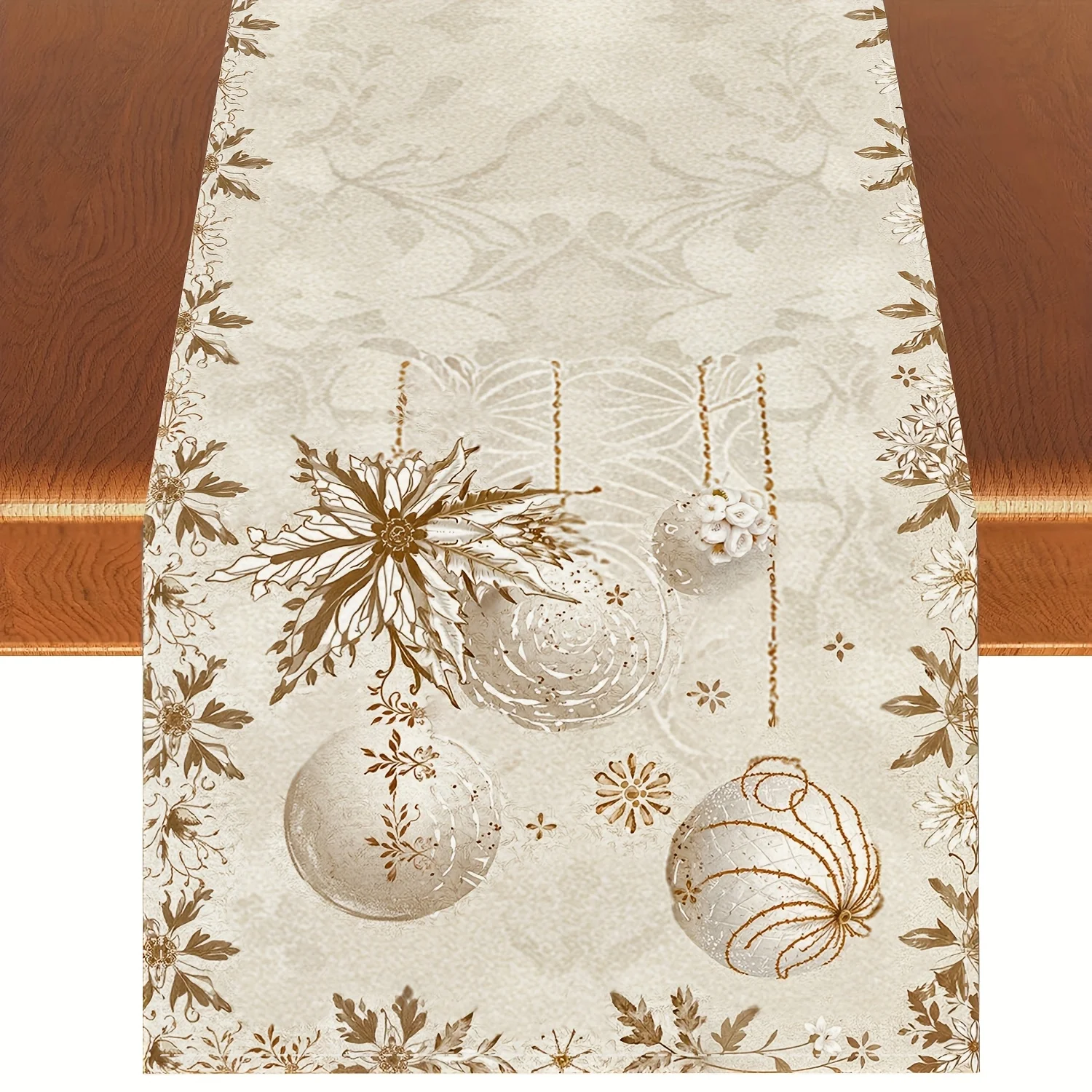 1 Christmas Ornament Poinsettia Table Runner 2D Printed Beige for Holiday Dining Table Decor Adding Elegant Festive to Christmas