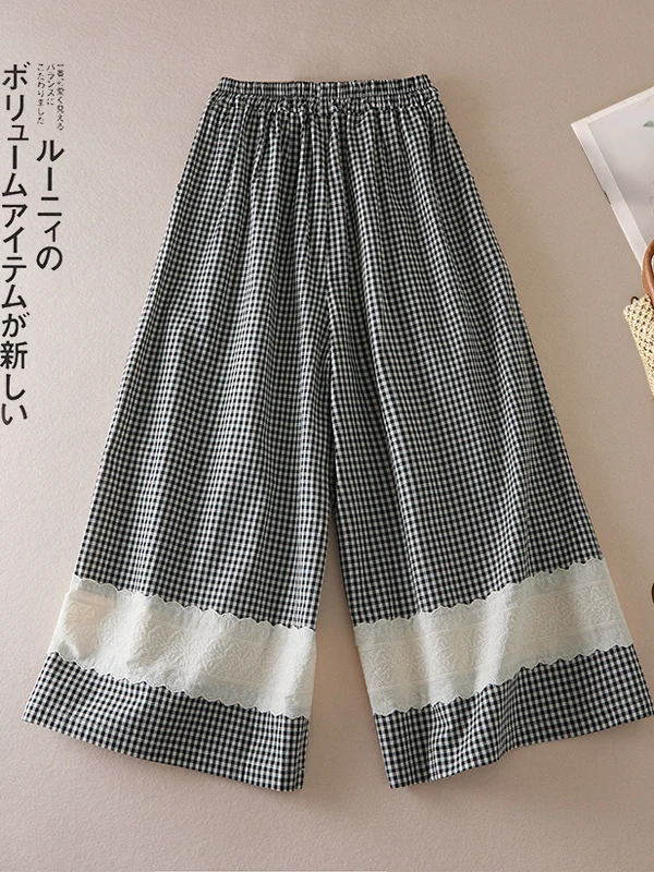 

Женские широкие брюки в клетку с кружевными вставками, прямые, повседневные, длинные, в стиле ретро, удобные, со средней талией