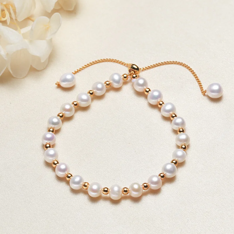 Real 18K Gold pearl Bracelet with Natural Freshwater White Pink Pearl Pure Adjustable Chain Fine Jewelry Gifts for Women image 5
