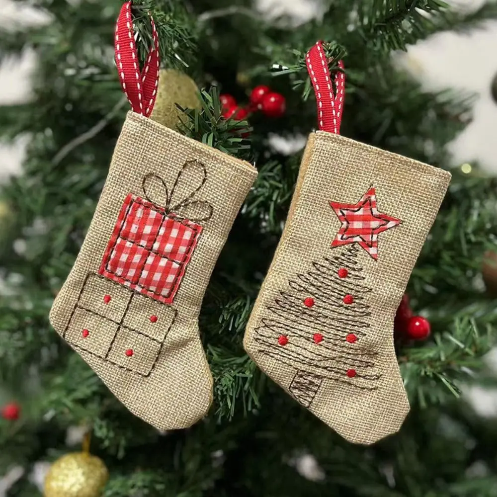 

Linen Burlap Embroidery Christmas Stocking Hanging Reusable Christmas Gift Bag Small Decorative Christmas Decoration Festival