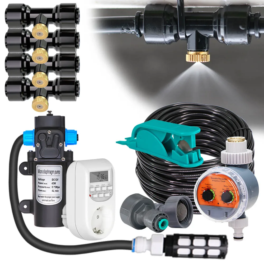 6-24m DIY ogrodowa System chłodzenia mgłą 0.4mm niskociśnieniowy rozpylacz do drobnego rozpylania 45W zestaw pompy 110-240V zasilacz