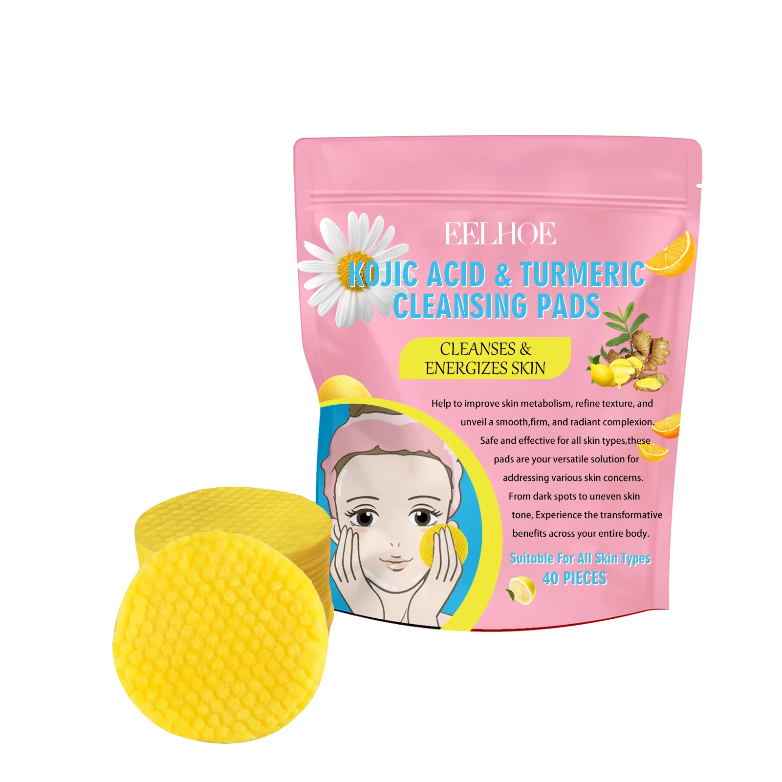 Turmeric Kojic Acid Facial Cleansing Pads Black Head Remover Deep Cleansing Exfoliating Pads Skin Brightening Pore Cleaner 40pcs