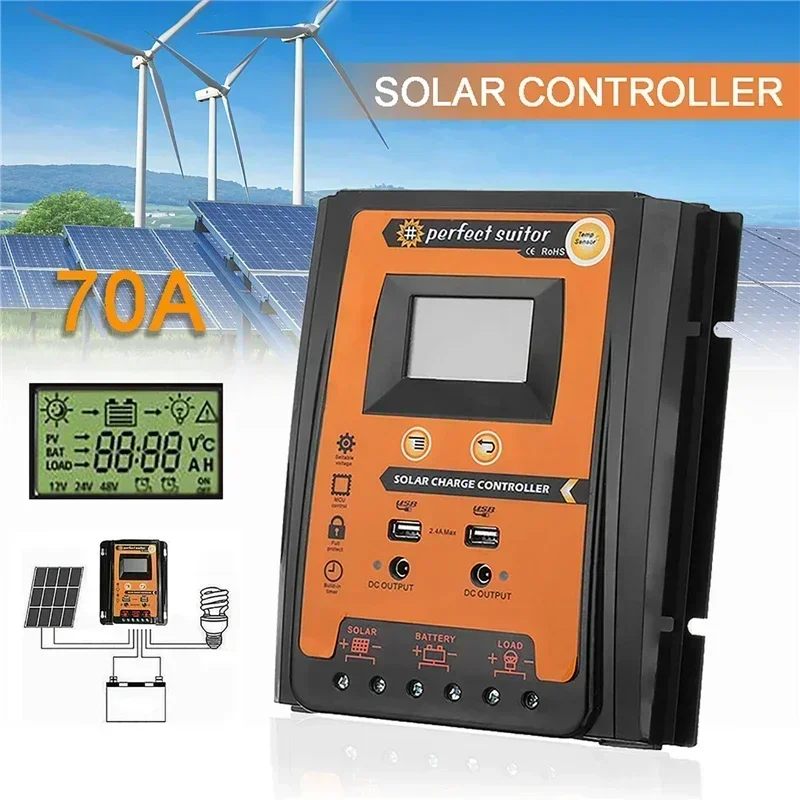 70A 50A 30A MPPT SC PWM Solar Controller 12V 24V Solar Charge Controllers IP32 Panel Battery Controlle Regulator Dual USB LCD