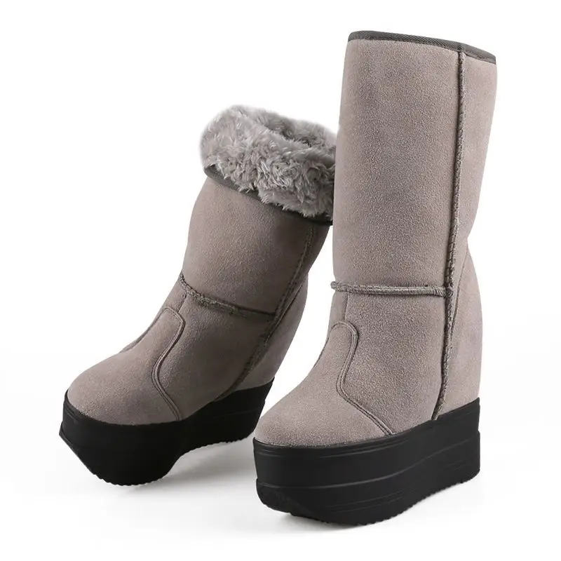 Fujin 14cm Platform Wedge Ankle Booties Autumn Warm Shoes Winter Plush Women Cow Suede Genuine Leather Boots Spring Warm Slip On