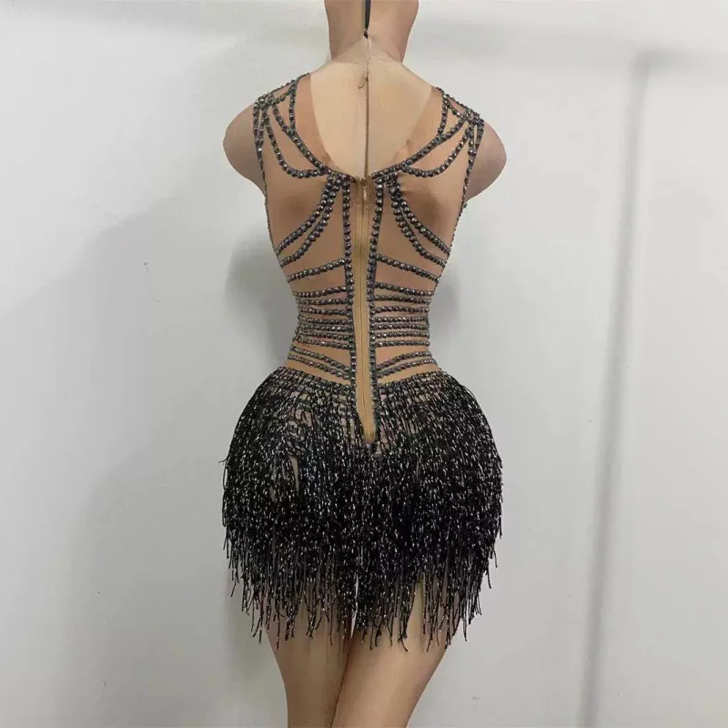 Glamorous Birthday Party Stage Costume Sexy Spandex High-Slit Bodysuit with Sheer Mesh for Performance Outfit Rhinestone Dresses