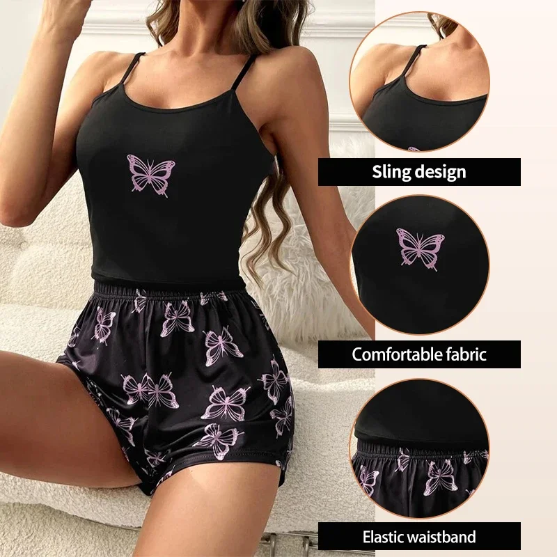 Women Sexy Sleepwear Two Piece Pajama Set Butterfly Printed Sleeveless Camisole Top Elastic Waist Shorts Casual Loungewear