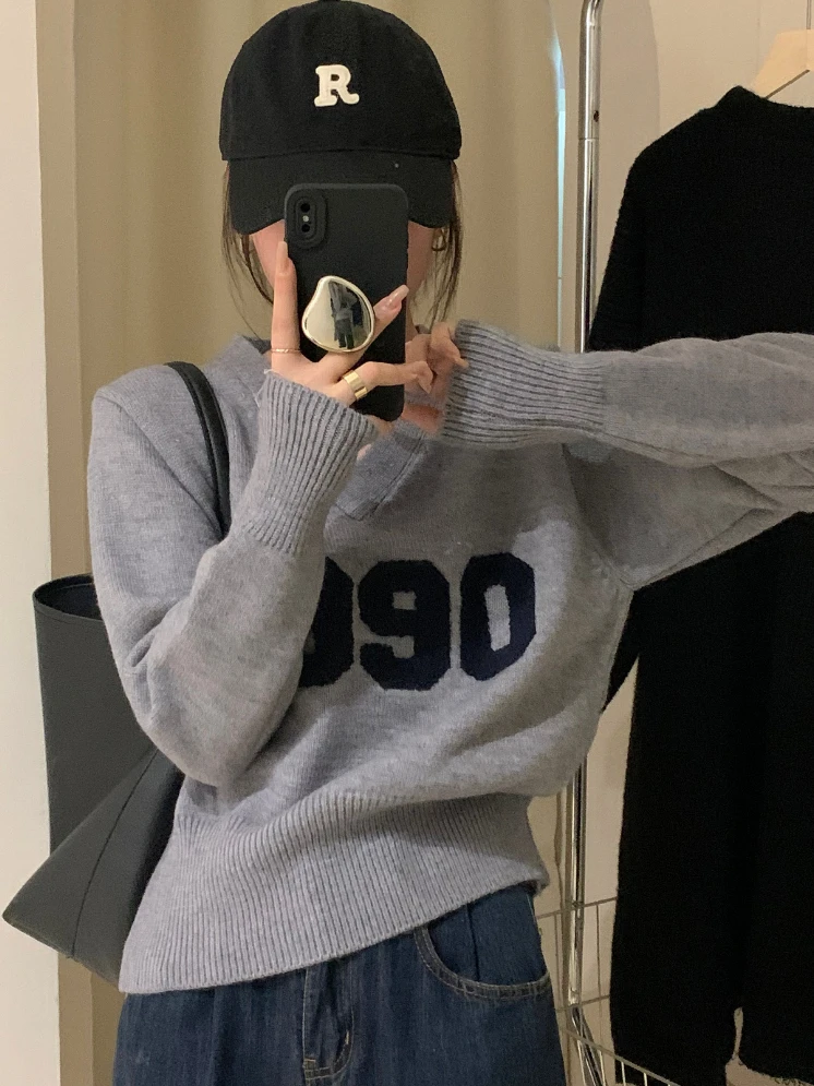 Autumn Y2k Aesthetic Harajuku Letter Patchwork Pullovers Womens Casual Sweater Sweet Vintage Grunge Crop Tops V Neck Streetwear