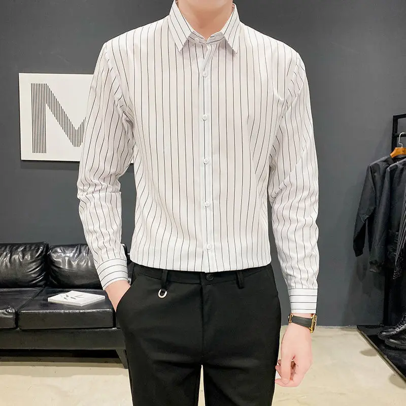 Fashion Printed Lapel Button All-match Striped Shirt Men's Clothing 2022 Autumn New Loose Casual Tops Long Sleeve Korean ShirtS