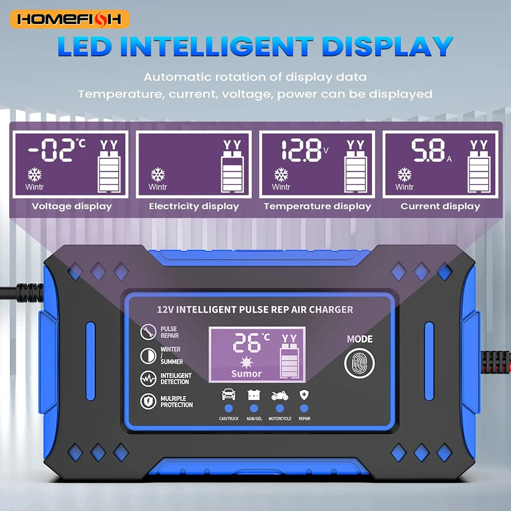 Battery Repair LCD Display 6A 12V Intelligent Car Battery Charger Car and Motorcycle Battery Charging Unit Lead-Acid