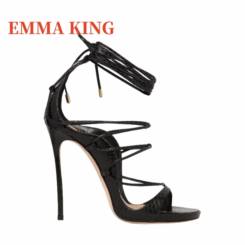 أسود Strappy الكعوب صنادل طراز جلاديتور ثعبان تنقش الدانتيل يصل خنجر مساء الصنادل الصيف النساء أصابع مفتوحة أحذية كبيرة الحجم #4