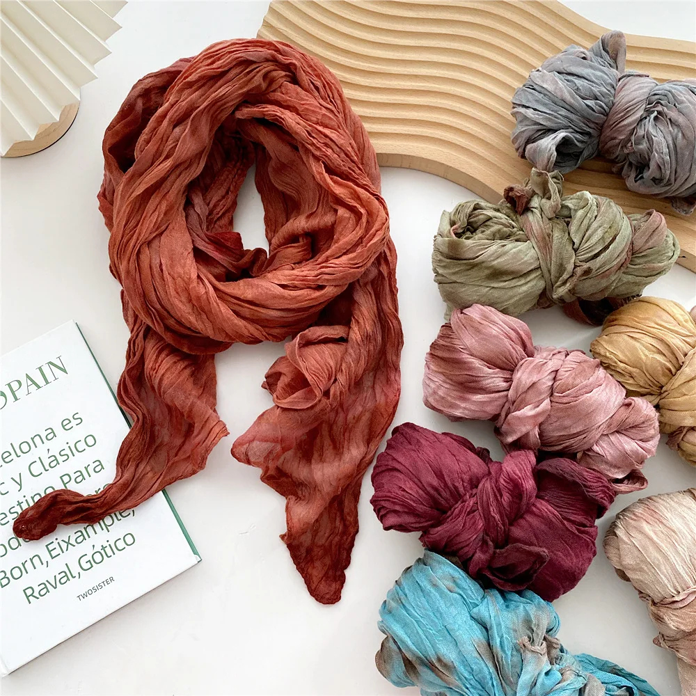 

30*190cm Women Girl Tie-dye Fold Cotton Linen Scarf Women Photo Bandanas Head Hair Shawl Wraps Accessories Turban