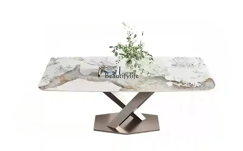 

Italian light luxury bright rock slab dining table for 6-8 people