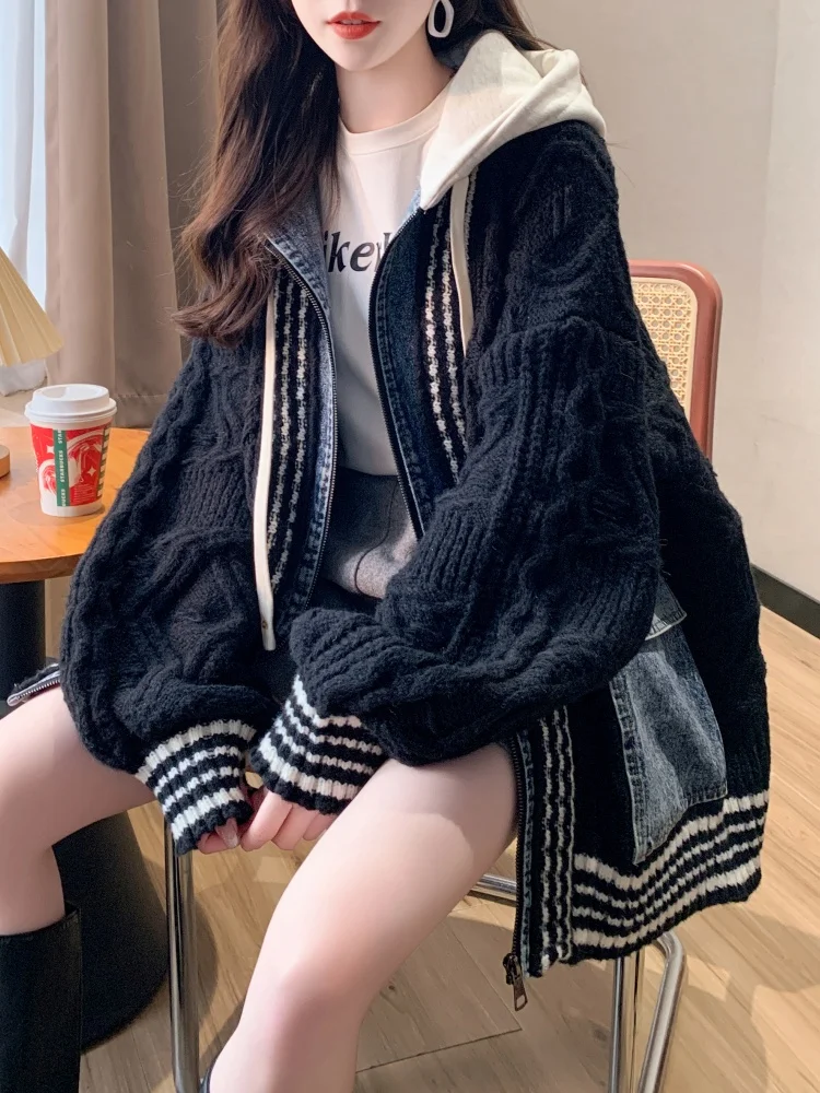 Coréen Sle coupe ample Denim Patchwork tricot Cardigan vêtements d'extérieur pour femmes Thiened faux deux pièces motif de jupe ouverte Faion Kn...