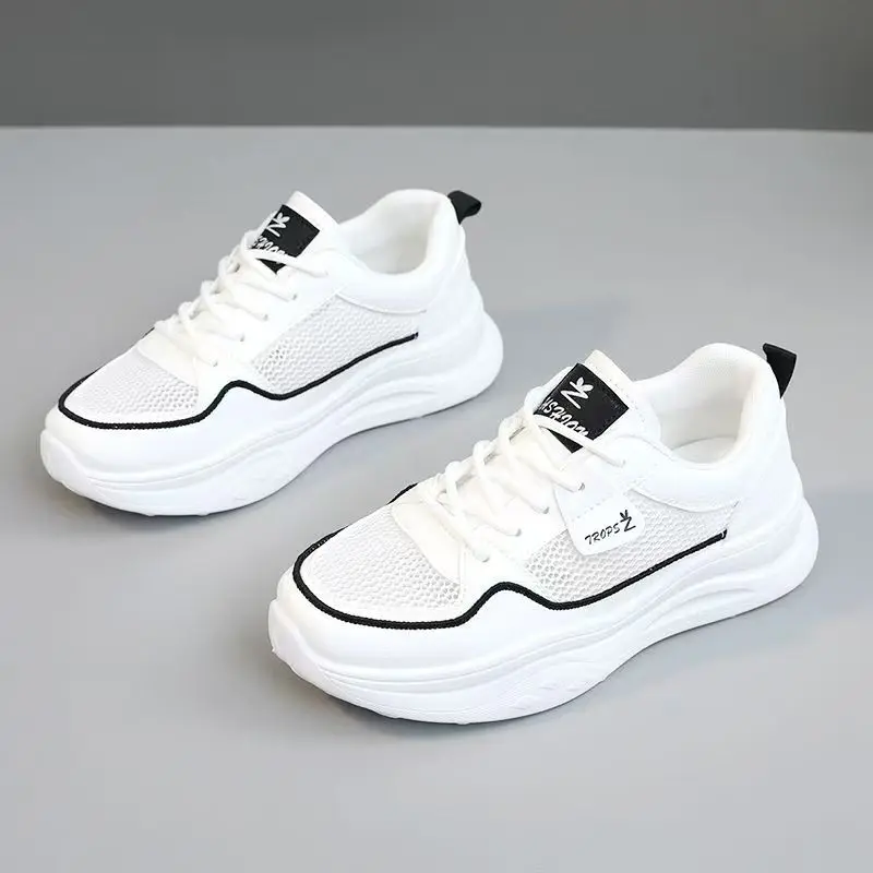 

Women's Summer New Thick Sole Air Mesh Little White Shoes Breathable Round Toe Lace Up Casual Sneakers Casual Board Shoes