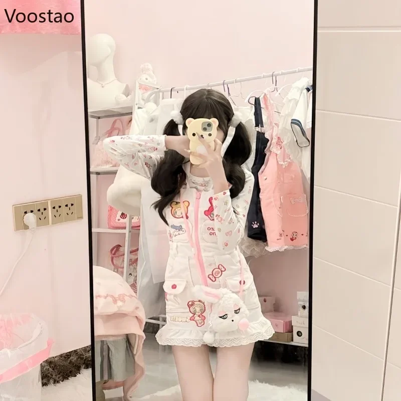 Vestido de tirantes estilo Lolita japonés para mujer, minivestido de fiesta con bolsillo bordado de dibujos animados de conejito dulce, vestido de princesa Kawaii Y2k