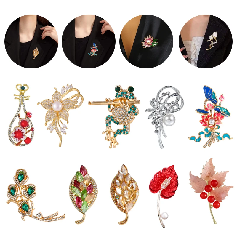 Fashion Green Crystal Peacock Feather/Maple Leaf/Pipa Brooches For Women Clothing Suit Coat Jewelry Accessries Gifts