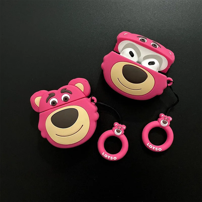

Suitable for AirPods Cute Pink Bear Earphone Case Silicone Protective Cover with Ring Buckle for Wireless Earbuds Kawaii Cartoon