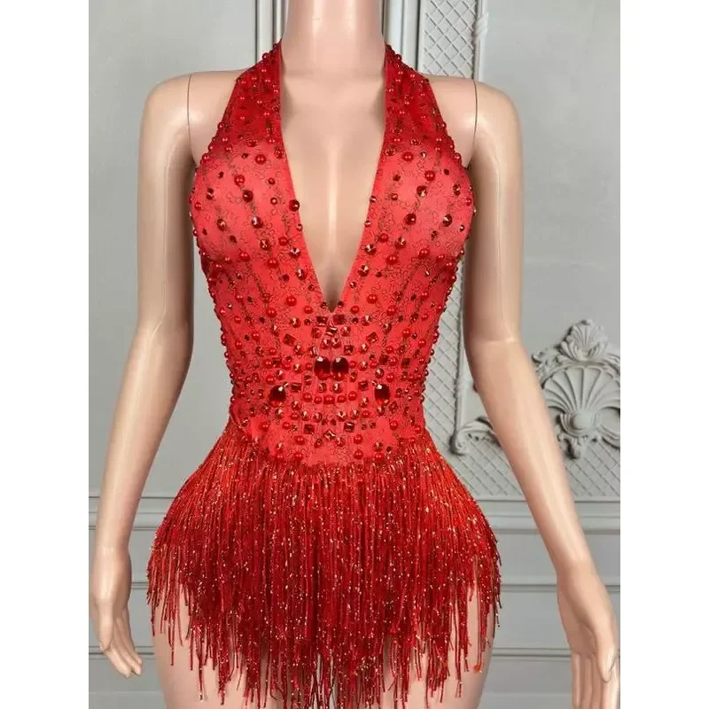 Women Deep V Halter Mesh Bodysuit Full Bead Chain One Piece High Cut Gogo Dance Costume for Nightclub Bar Stage
