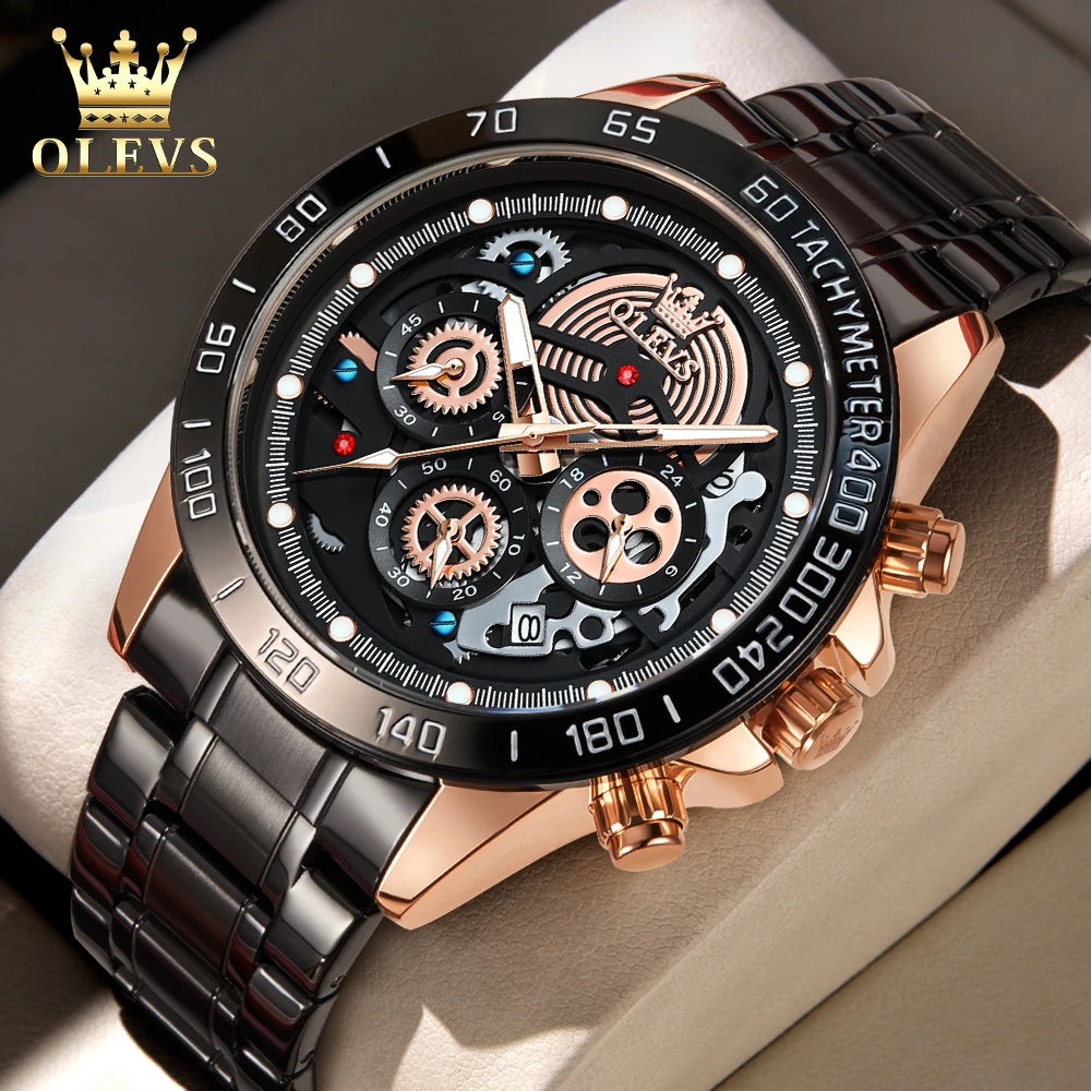 

OLEVS 9921 Men Watch Luxury Brand Skeleton Multi functional Waterproof Stainless Steel Quartz Watch Large dial Sports Men Watch