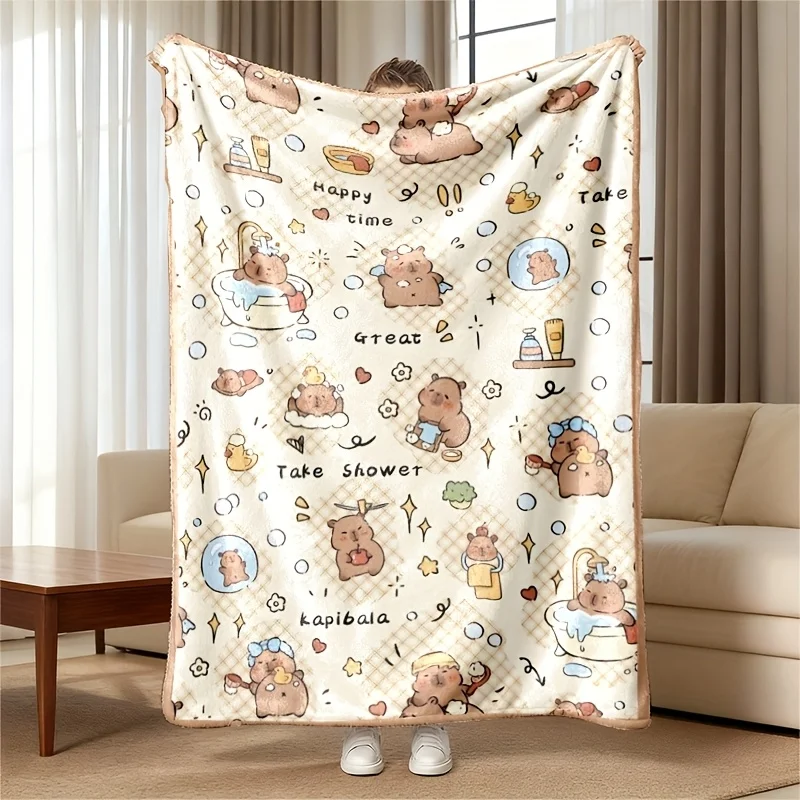 Cute Cartoon Capybara Bath Bubble Grid Print Flannel Blanket Soft Throw For Sofa Bedroom Sweet Decor Style Home Decor Gift Ideas
