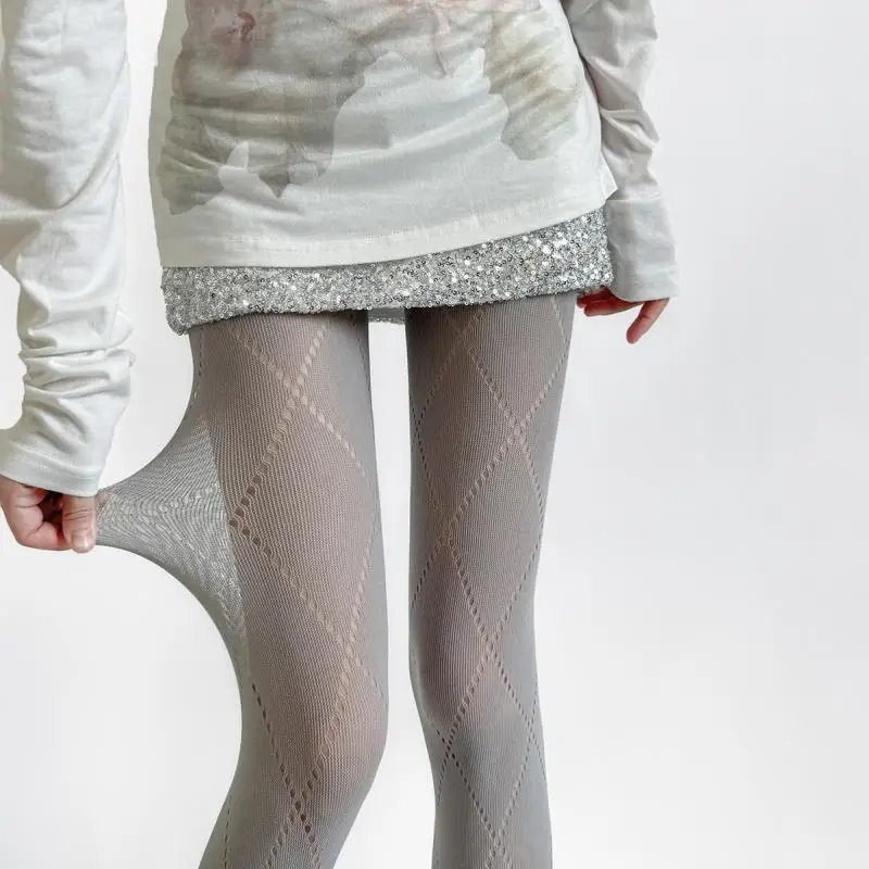 Blue Women Retro Large Rhomboid Hollow Pantyhose Spring Summer New Gray Style Slimming Girls Leggings Jacquard Mesh Pants