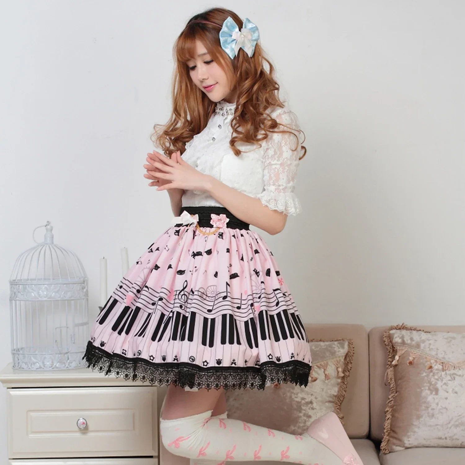 Kawaii Sweet Girl Pink Polyester Lace Piano Keybord Printed Lolita Skirt pink skirt