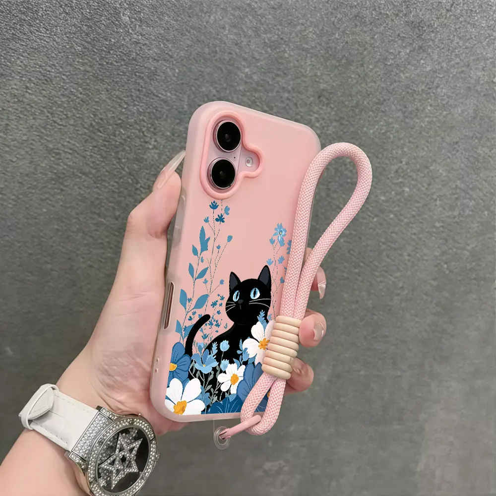 Cat Cute Floral Korean Phone Case For Samsung Galaxy S26 S25 S23 S22 S24 FE Ultra Plus A35 A34 A54 A37 Lanyard Wrist Strap Cover
